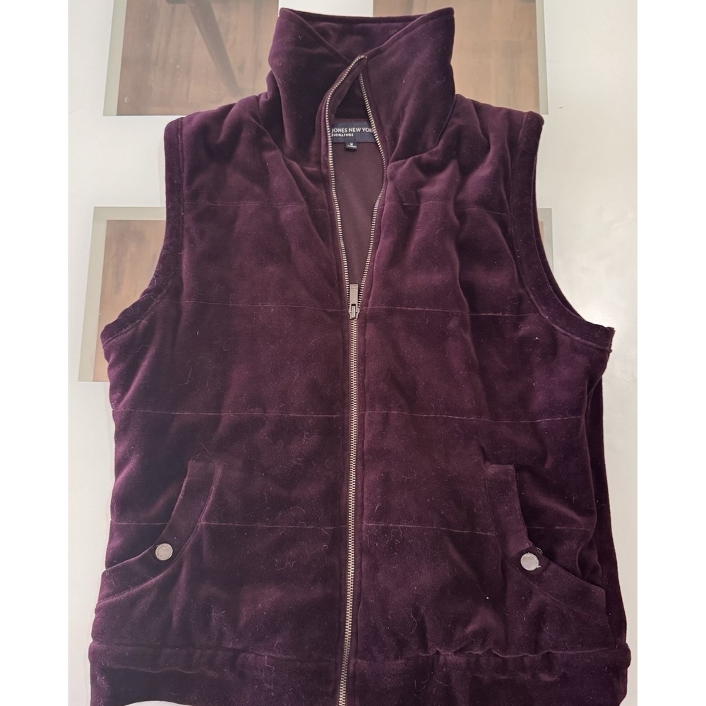 Jones New York Womens  Medium Plush Velour Zip Up Vest Plum Quilted